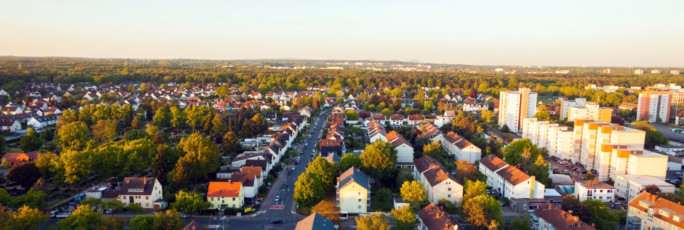 Luftbild-Panorama von Neu-Isenburg, Blickrichtung Süden. Links Herzogstraße/Pappelweg bis Stadtrand, dahinter Bäume, am Horizont Dreieich. Rechts Immobilien Blumenstraße/Tulpenstraße, daneben Hochhäuser Buchenbusch/Friedhofstraße.