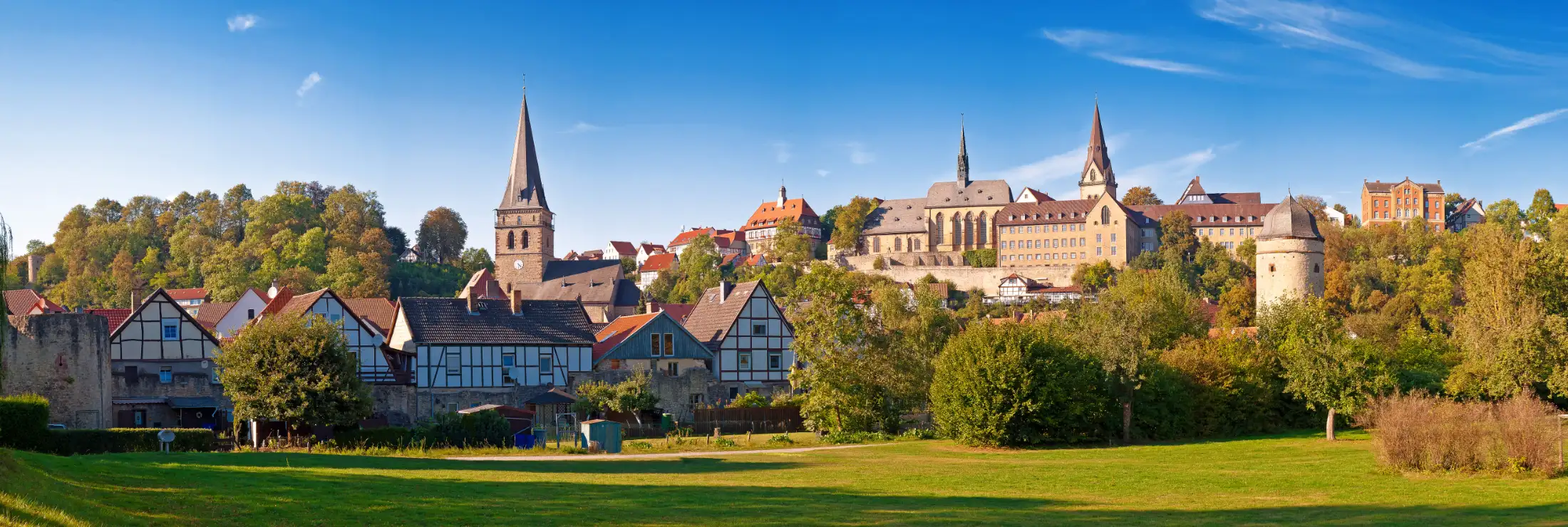 Stadtpanorama Warburg: vorne links Immobilien An der Mauer, dahinter Kirche St. Mariä Heimsuchung und Immobilien der Altstadt, daneben Maria im Weinberg und Gymnasium Marianum, rechts der Biermannsturm. Vorne Wiese an der Diemel.