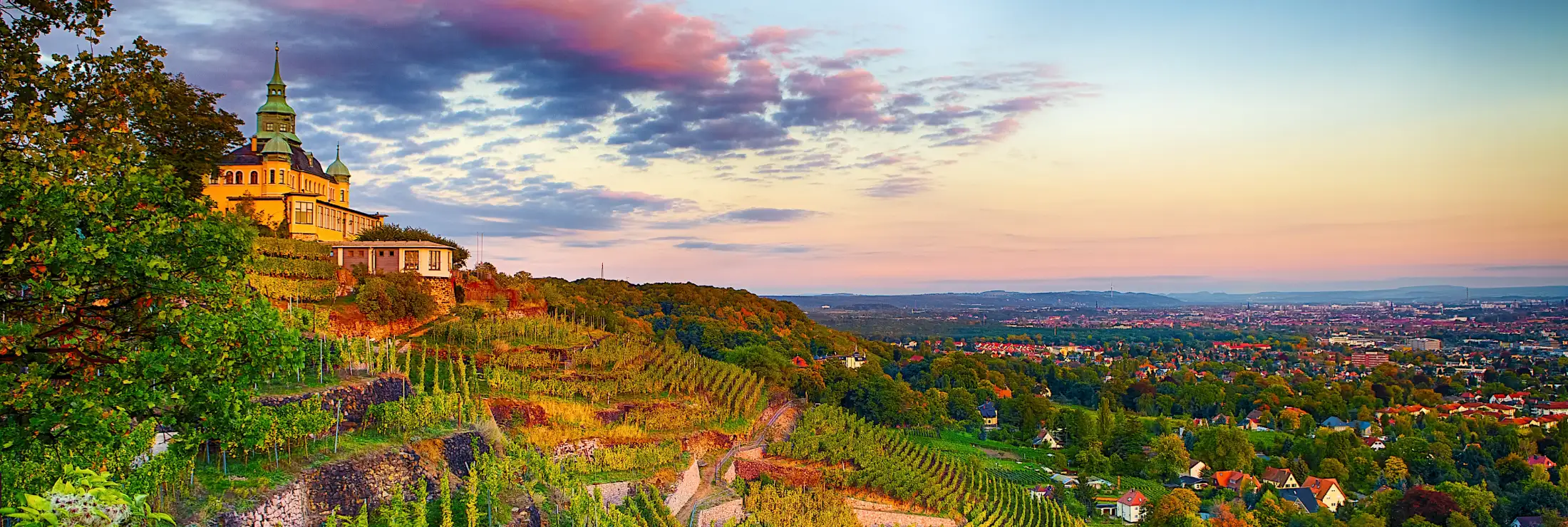 Links im Bild das Spitzhaus, das Wahrzeichen von Radebeul, oberhalb von Weinbergen und dem Elbtal, mittig und rechts im Vordergrund die Immobilien von Radebeul, unterhalb der Weinberge, im Hintergrund bis zum Horizont die Immobilien von Dresden.